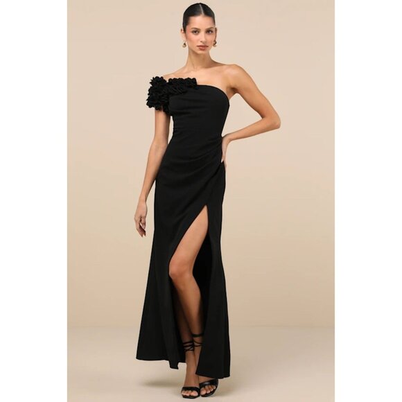 Lulus Beyond Elegant Black 3D Floral One-Shoulder Maxi Dress Small - Picture 1 of 2